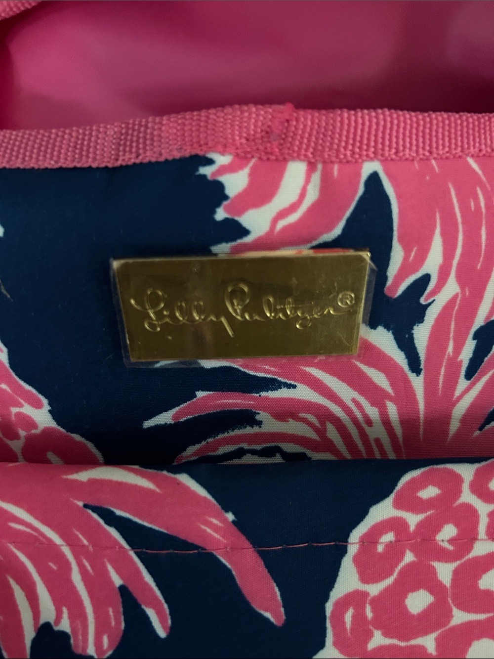 Lilly Pulitzer Navy and Hot Pink Floral Tote with Gold Logo Plate